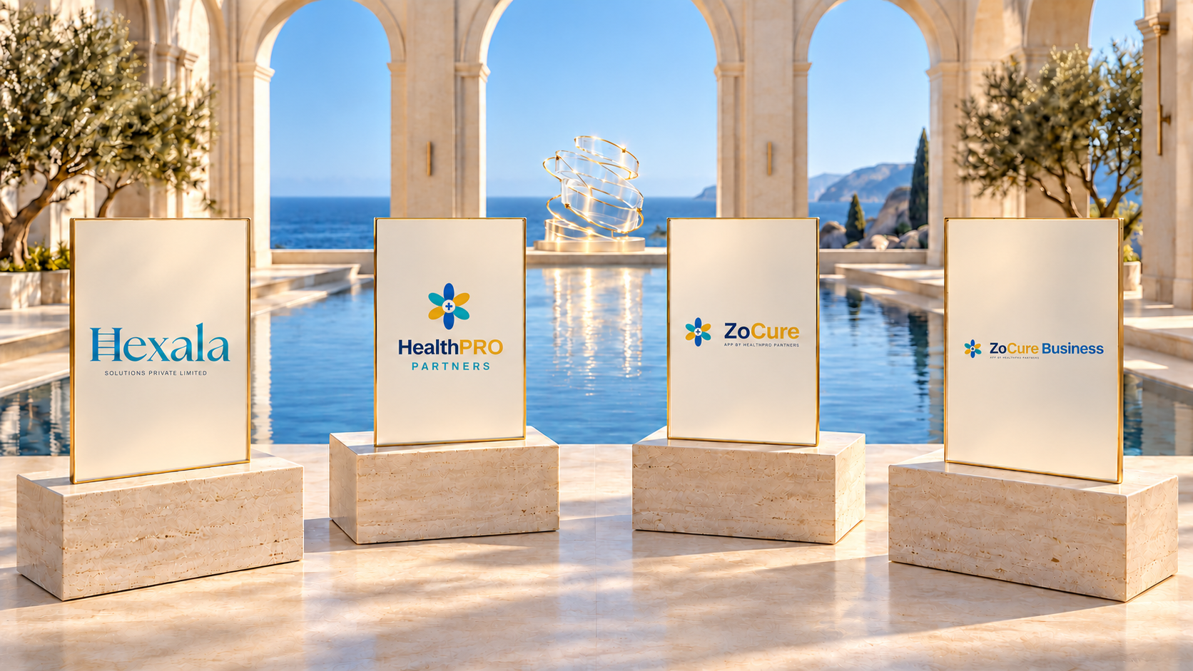Four brand plaques on stone plinths, with the opening’s glass orbit behind them