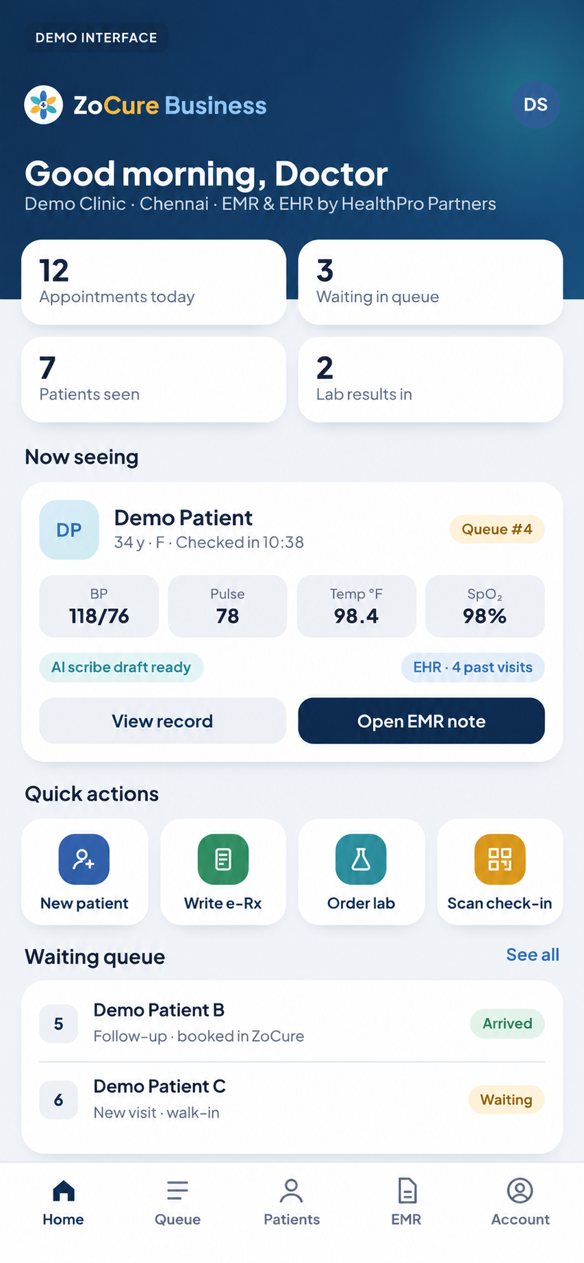 ZoCure Business · Demo interface