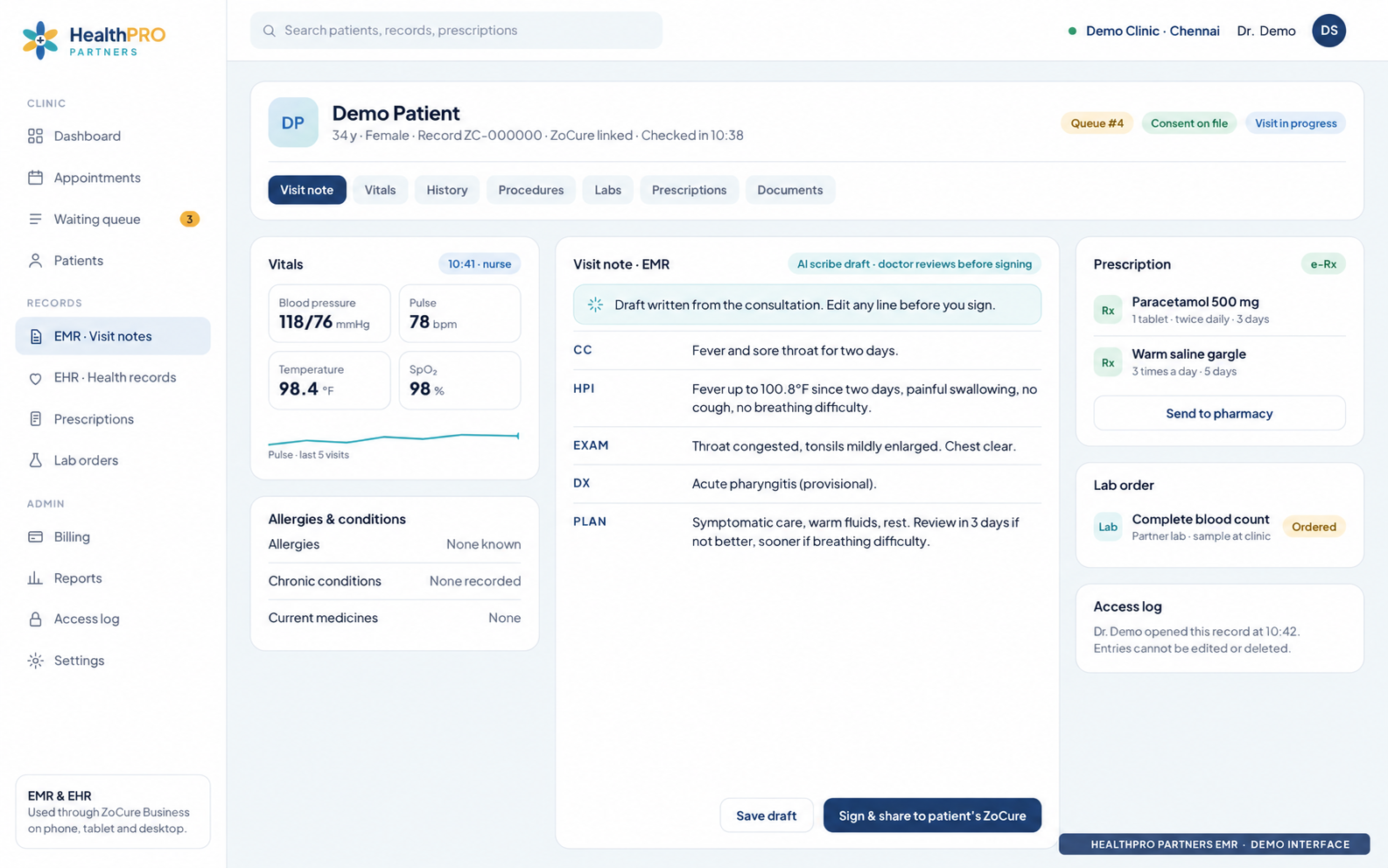 HealthPro Partners EMR · Demo interface